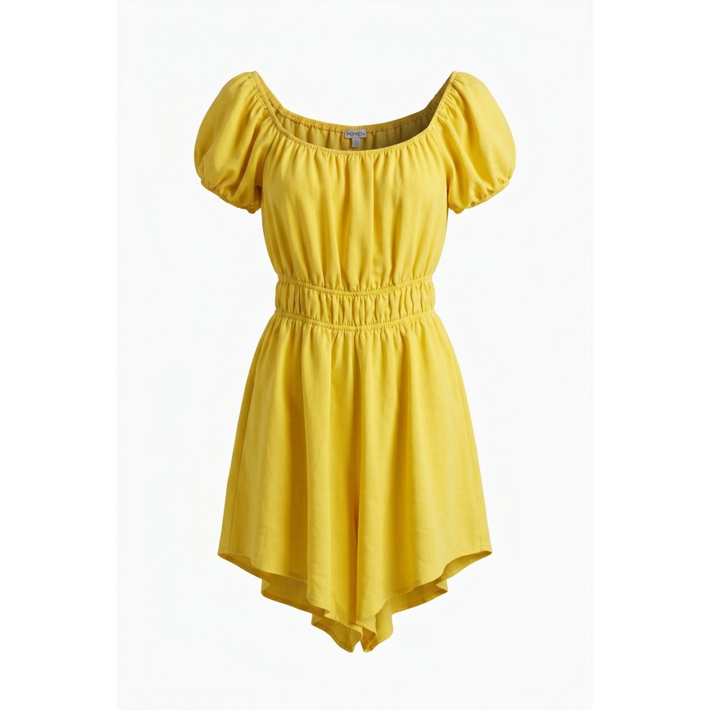 Fashion‎ Nova Yellow Puff Sleeve Romper Smocked Waist Cutout Back 1XL J1216A